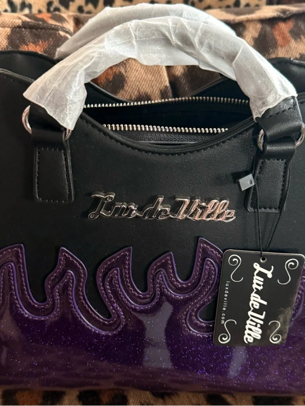 Lux de Ville Black with Purple Flame Satchel - Picture 1 of 3